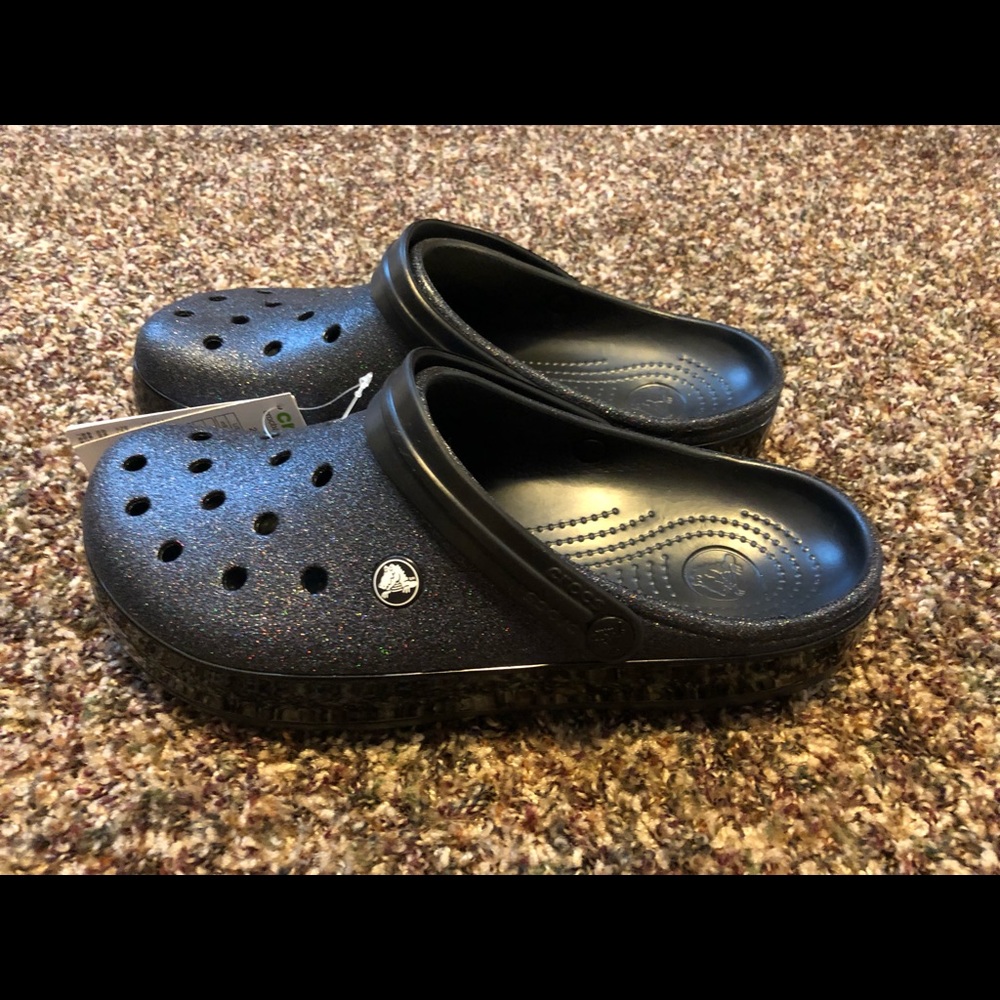 Black sparkly crocs